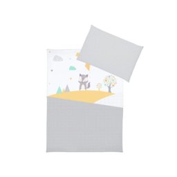 Lenjerie pat bebe 3 piese KLUPS Raccoon din bumbac, 135x100 cm