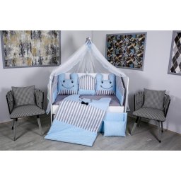 Lenjerie pentru patut bebe MyKids 11 piese, gri-albastru, 120x60 cm