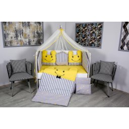 Lenjerie pentru patut bebe MyKids 11 piese gri-galben 120x60 cm