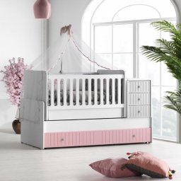 Patut transformabil MyKids Sofia alb roz cu sertare si balansare 180x80