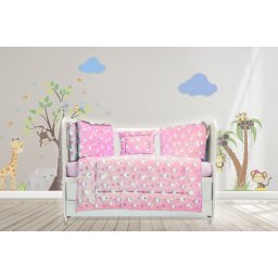 Lenjerie pentru patut bebe MyKids Dancing Bunny Roz, 5 piese, 120x60 cm
