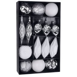 Set globuri de Craciun pentru brad, alb-argintiu, 16 piese, 8-15 cm