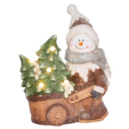 Decoratiune de Craciun cu om de zapada si carucior, 6 LED, ceramica