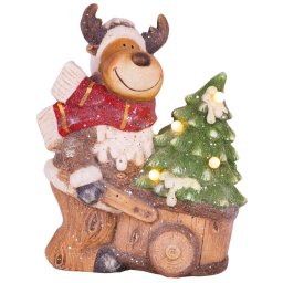 Decoratiune de Craciun cu ren si carucior, 4 LED, ceramica, 43 cm