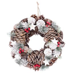 Coronita decorativa de Craciun suspendabila, naturala, cu conuri albe 37 cm
