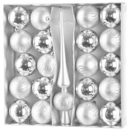 Set globuri de Craciun argintii cu varf pentru brad, 21 piese, 6 cm
