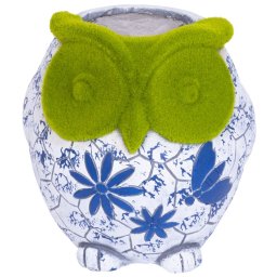 Ghiveci decorativ bufnita din ceramica, ornament albastru, 26,5x24x27,5 cm