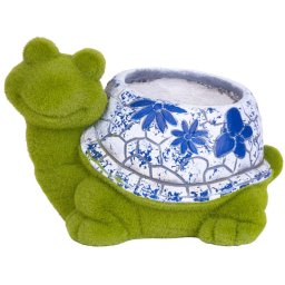 Decoratiune gradina testoasa cu ghiveci ceramic, ornament albastru 33 cm