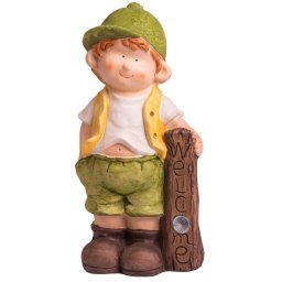 Figurina decorativa solara de gradina baietel cu LED, ceramica, 24x18x49 cm