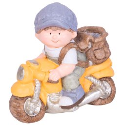 Figurina decorativa baiat pe motocicleta cu ghiveci, ceramica, 38x20x36 cm