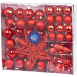 Set globuri si ornamente rosii pentru brad, 50 piese, cu ghirlanda si stea