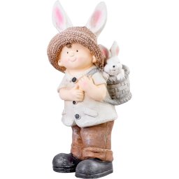 Decoratiune gradina baietel cu urechi si iepuras, ceramica 48 cm