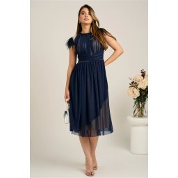 Rochie DY Fashion midi din tull bleumarin in clos cu pene la umeri