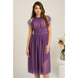 Rochie DY Fashion midi din tull mov in clos cu pene la umeri