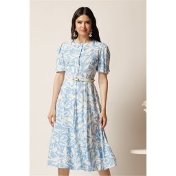 Rochie DY Fashion midi bleu in clos cu imprimeuri albe si curea in talie