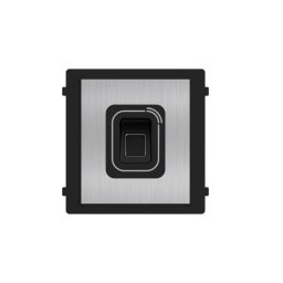 Modul cititor biometric si card Mifare pentru videointerfon modular Hikvision DS-KD-MFB/S; carcasa inox, deschidere usi cu card acces Mifare 13.56 MHz (cardurile nu sunt incluse) si cu amprenta; protectie IP 65; Dimensiuni: 100 mm × 100 mm × 35 mm;