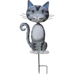 Decoratiune de gradina tip pisica din metal gri, cu tarus, 61 cm