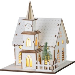 Decoratiune de Craciun biserica din lemn cu 6 LED alb cald, 18,5 cm