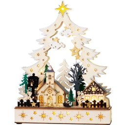 Decoratiune de Craciun din lemn cu LED, satuc iluminat 25x7,5x32 cm
