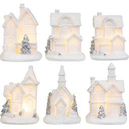 Decoratiune de Craciun LED MagicHome, casuta alba cu lumina calda, 8 cm