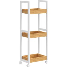 Carucior de baie îngust cu roti SONGMICS, bambus si MDF, 3 polite