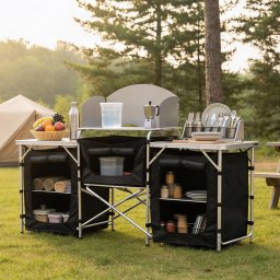Bucatarie de camping pliabila cu 3 blaturi si cadru din aluminiu, 175 cm
