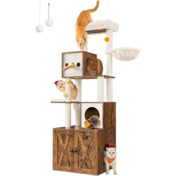 Ansamblu pentru pisici FEANDREA 185 cm cu dulap litiera si sisal, maro rustic