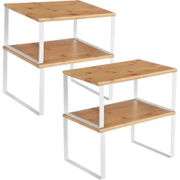 Set 4 rafturi de bucatarie suprapozabile SONGMICS, bambus si metal, alb/natur, 30x20x16 cm