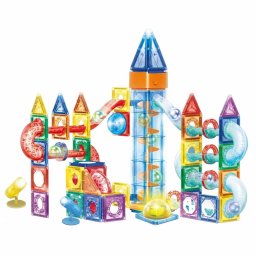 Set de constructie magnetic educativ cu pista bile si LED, 134 piese