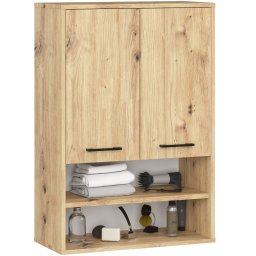 Dulap baie suspendat cu 2 usi si rafturi deschise, stejar artisan, 64x30x94 cm