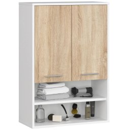Dulap baie suspendat cu 2 usi si rafturi, 64x30x94 cm, alb si stejar sonoma
