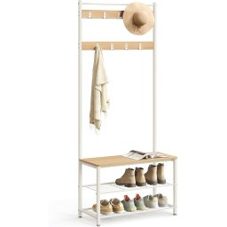 Cuier pentru hol 3 în 1 cu banca si raft pantofi, stejar crem, 70x32x177 cm