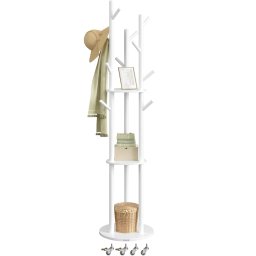 Cuier de podea alb VASAGLE cu 11 agatatori, 3 rafturi si roti