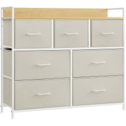 Comoda SONGMICS cu 7 sertare textile si blat din PAL, alb crem