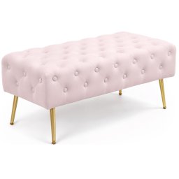 Taburet banca Monaco din catifea roz pudra, cu picioare metalice, 100 cm