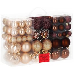 Set globuri pentru brad cu stea varf, 101 piese, maro si rose gold