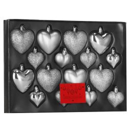 Set 16 globuri decorative inima argintii din plastic, 4-7 cm