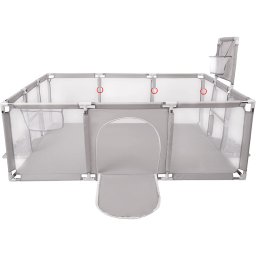Tarc de joaca XXL pentru copii si bebe, gri, cu cos baschet, 230x122x62 cm