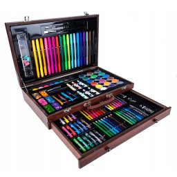 Set desen si pictura 130 piese cu valiza din lemn pentru copii
