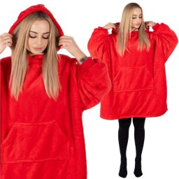 Hanorac patura oversize din fleece moale, cu gluga si buzunar, rosu