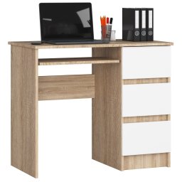 Birou calculator cu 3 sertare si raft tastatura, stejar sonoma/alb, 90x50x77 cm