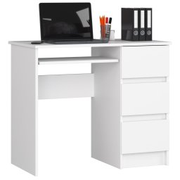 Birou calculator alb cu 3 sertare si raft tastatura, dreapta, 90x50x77 cm