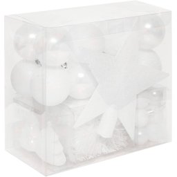 Set decoratiuni Craciun alb pentru brad, 44 piese, globuri si varf