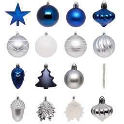 Set decoratiuni pentru brad Quiet Times, 60 piese, alb, albastru si argintiu