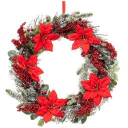 Coronita decorativa de Craciun cu flori Poinsettia, 50 cm, verde si rosu