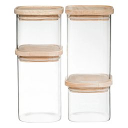 Set 4 borcane ermetice 5Five din sticla borosilicata cu capac din lemn