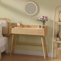 Masuta de toaleta SONGMICS cu oglinda LED si 3 sertare ratan, bej