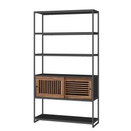 Biblioteca Vasagle cu 5 rafturi si dulap, metal si MDF nuc, 100x35x180 cm
