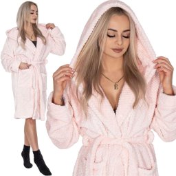 Halat de baie dama roz, cu gluga si buzunare, marimea L/XL
