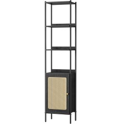 Biblioteca îngusta VASAGLE cu 6 etaje si usa efect ratan Boho, neagra
